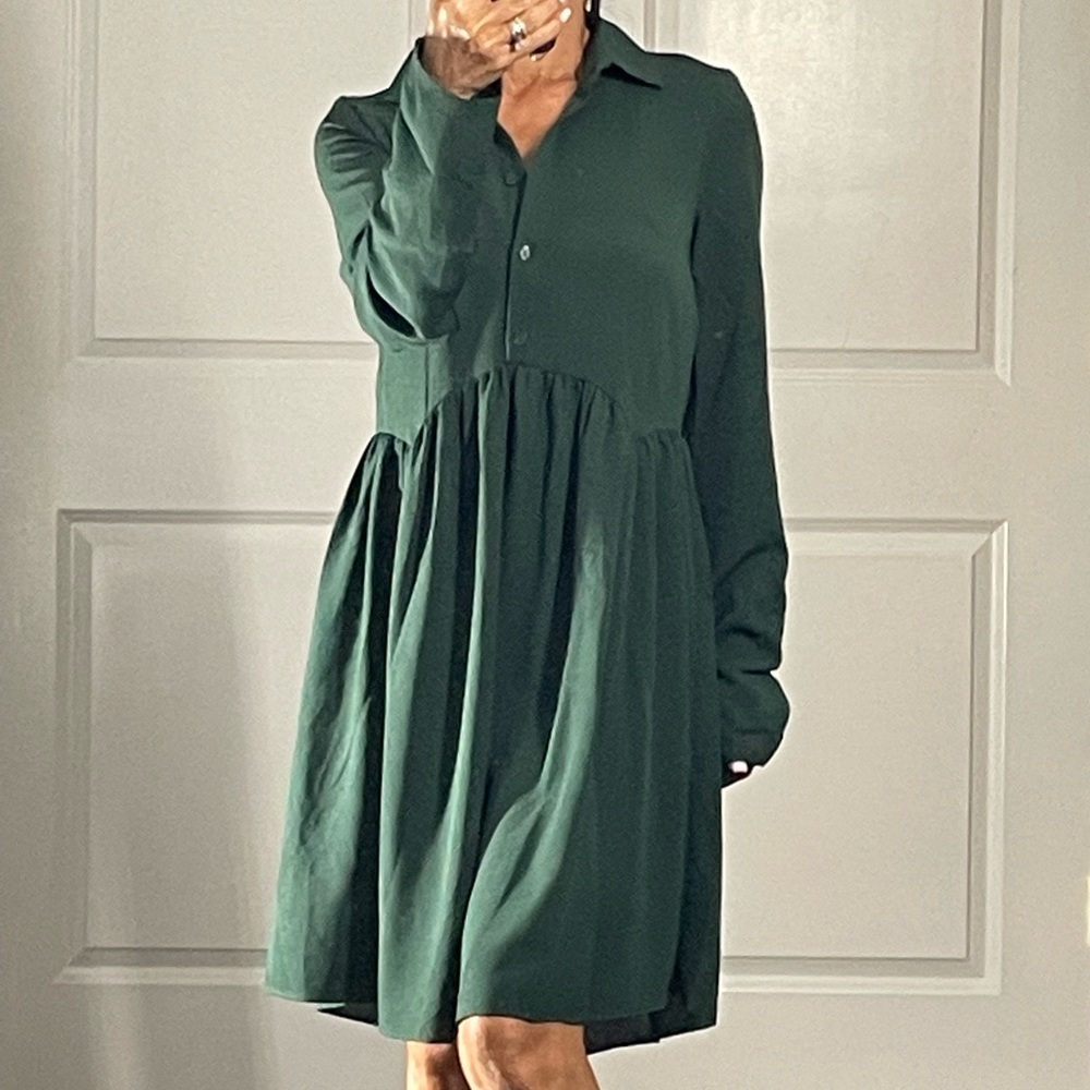 Asos Design Green Half Button Down Babydoll Dress size 4 tall - Picture 2 of 14